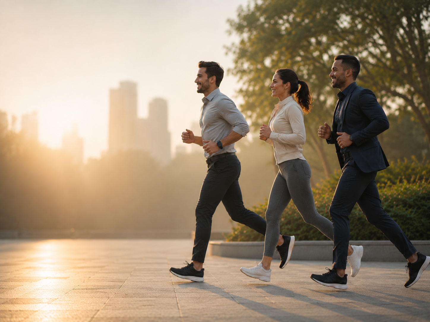 Drei Berufstätige joggen synchron im Morgenlicht