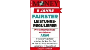 FOCUS-MONEY Siegel 9 Jahre fairster Leistungsregulierer Privatrechtsschutz ARAG 2026