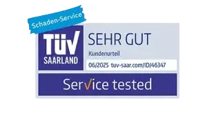 TÜV Saarland Service tested Kundenurteil Sehr gut Schaden-Service 2025
