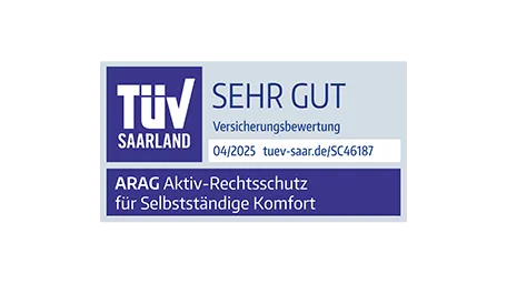 TÜV Saarland Versicherungsbewertung Sehr gut ARAG Aktiv-Rechtsschutz Selbstständige Komfort 2025