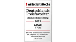 WirtschaftsWoche Preisfavorit 2025 Rechtsschutzversicherer ARAG 1 Platz
