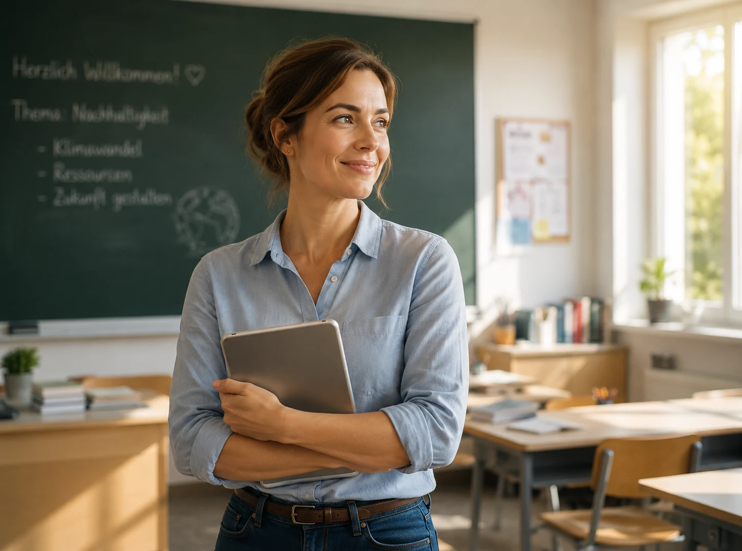 Lehrerin in einem hellen Klassenraum